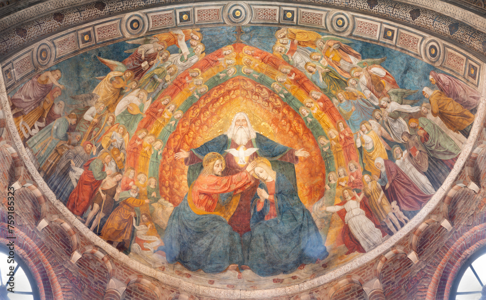 MILAN, ITALY - MARCH 8, 2024: The fresco of Coronation of Virgin Mari in the apse of Basilica di San Simpliciano by  Ambrogio da Fossano detto il Bergognone (1453 – 1523).