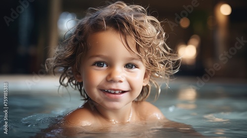 Happy young boy having fun at an indoor swimming pool  enjoying a playful time in the water