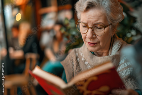 Elderly Woman Deep in Thought While Reading a Book in a Cozy Cafe Setting