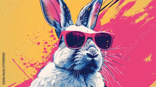Cool hipster white rabbit wearing trendy sunglasses, vibrant contemporary pop art style illustration