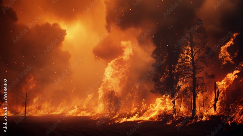 Intense forest fire consumes trees in a blaze of flames, engulfing the landscape