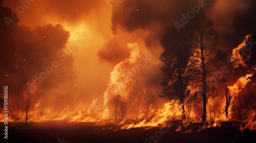 Intense forest fire consumes trees in a blaze of flames  engulfing the landscape