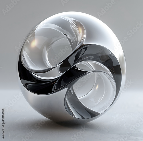 3d render of abstract art with surreal 3d organic ball in curve wavy smooth and soft bio forms in dark metal material with glass parts, with dispersion effect on grey background	
