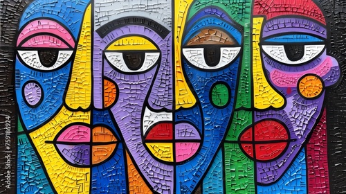 Colorful Abstract Mural of Geometric Faces