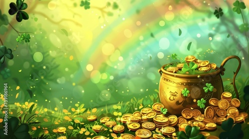 Festive St. Patrick's Day banner featuring a pot of gold coins, lucky clover leaves, and a vibrant rainbow