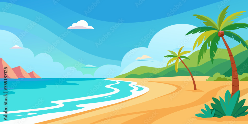 Obraz premium Tropical beach with palm trees. Vector illustration in cartoon style