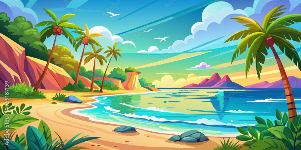 Tropical beach with palm trees, rocks and sea. Vector illustration