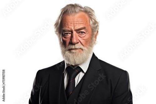 Smiling senior executive in suit, confident old businessman with beard standing on white background