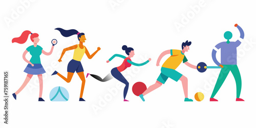 Group of people playing soccer, football, basketball, baseball, rugby, basketball. Flat vector illustration
