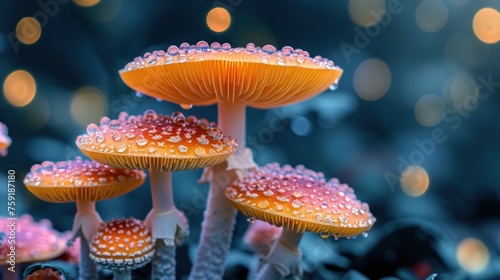 a close up of a group of mushrooms with drops of water on the tops of the tops of the mushrooms. photo