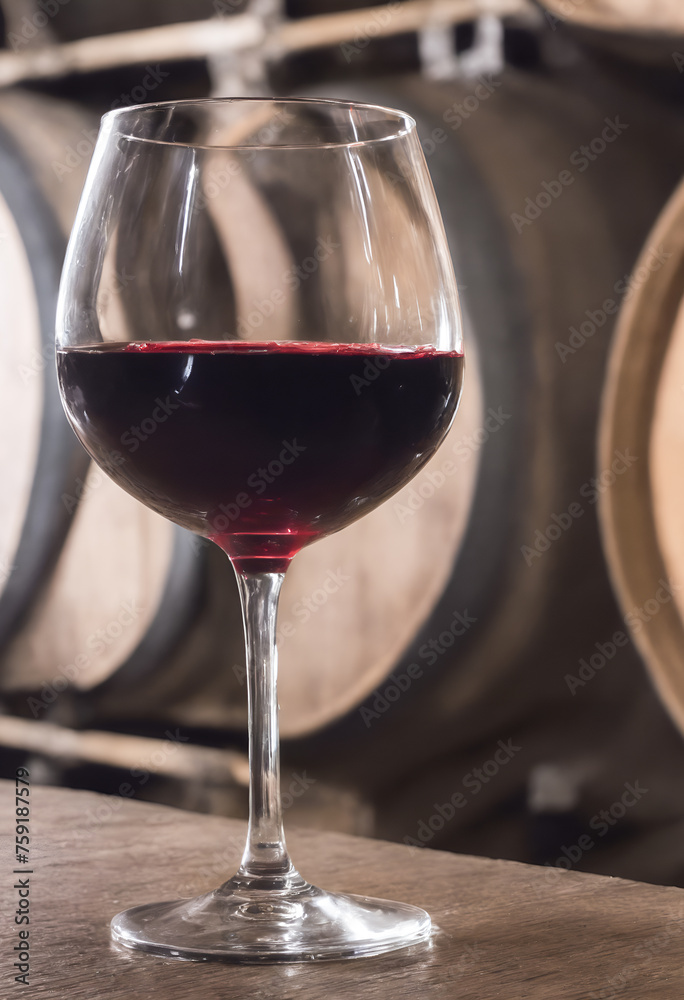 Red wine glass on wooden table in celler.