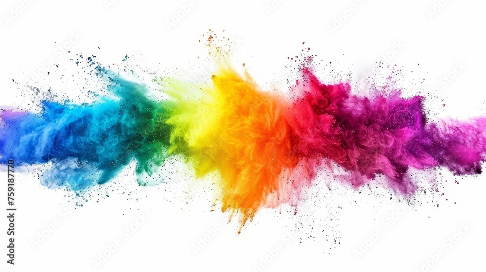 Mesmerizing Multicolored Rainbow Powder Paint Explosion Isolated on White, Dynamic Abstract Art