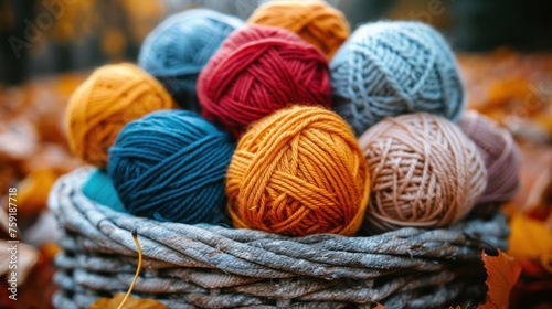 a basket filled with balls of yarn sitting on top of a pile of leaves on top of a pile of leaves.