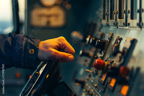 Persons Hand on Control Panel of a Ship photo