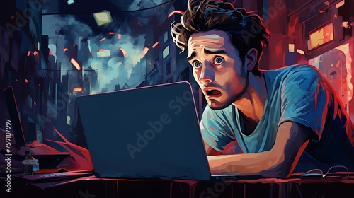 person with laptop. man working on a computer. Frustrated and worried young man yelling on a video call on a laptop. City background.