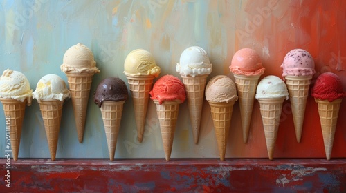 a row of ice cream cones sitting next to each other on top of a red shelf in front of a blue wall. photo