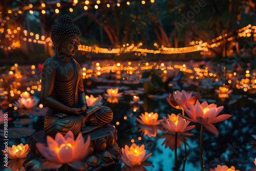 Wesak Day, Buddha statue outdoor. Flowers and lights decoration © allasimacheva
