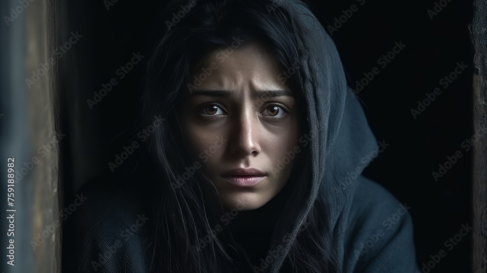Upset woman in distress emotional pain, grief, and desperation in troubled times Upset woman in distress emotional pain, grief, and desperation in troubled times
