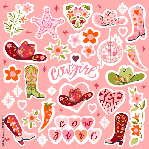 Set of cowgirl sticker design elements on pink.