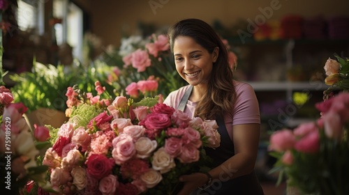Cheerful hispanic female entrepreneur in beautiful flower boutique, running small business joyfully