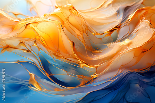 Abstract painting featuring a mix of blue and gold hues, creating a vibrant and dynamic visual experience.