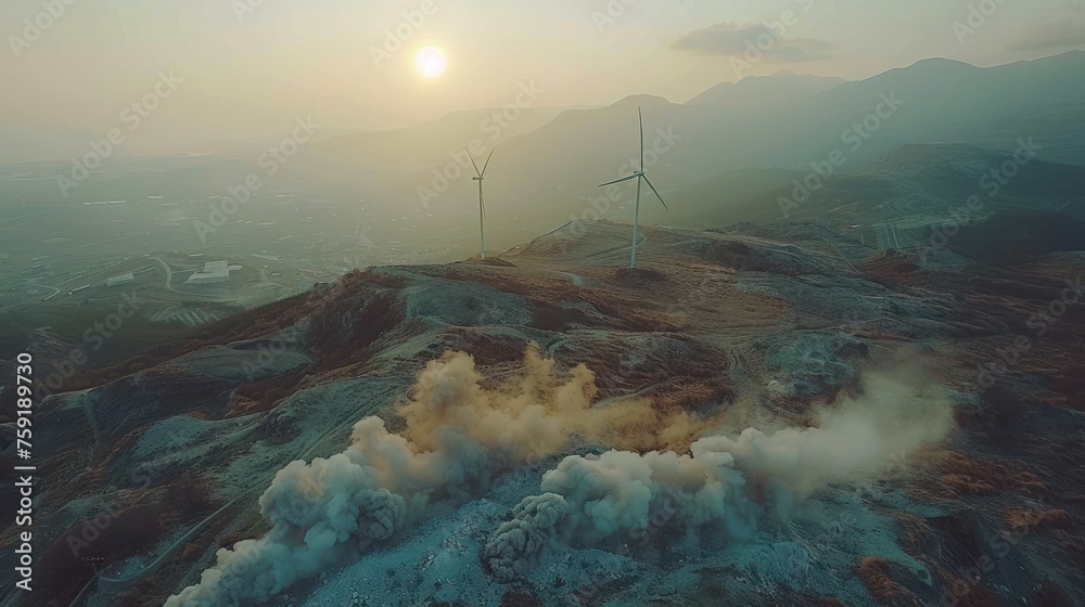 Fototapeta premium a group of windmills on top of a hill with smoke coming out of the bottom of it and a sun in the background.