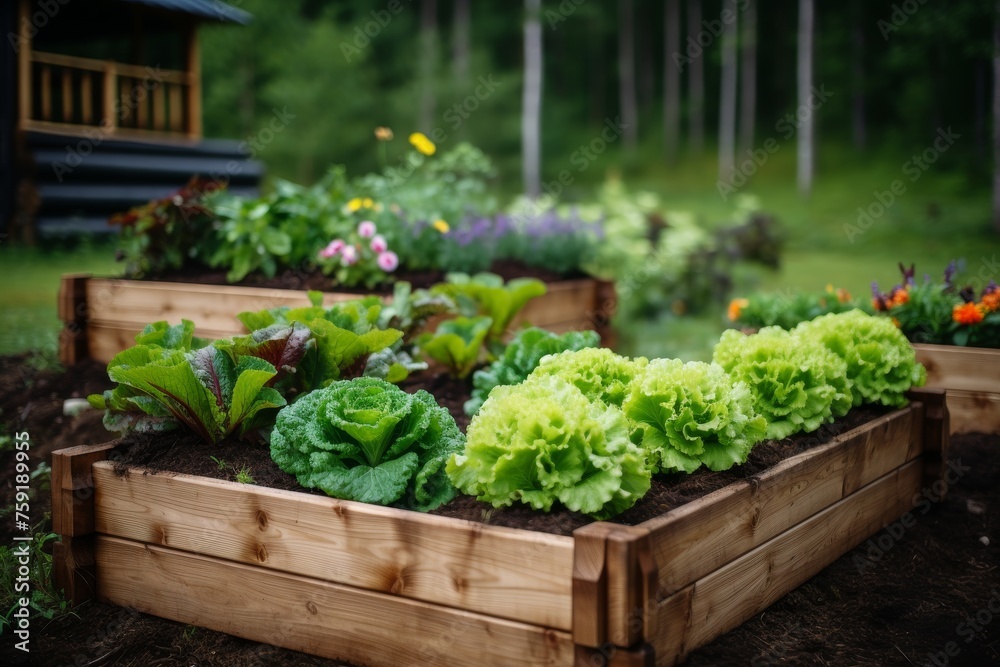 Modern wooden raised beds garden with herbs, veggies, and flowers in countryside home
