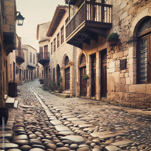 Picturesque old cobblestone street with traditional balconies in Rhodes, Greece
