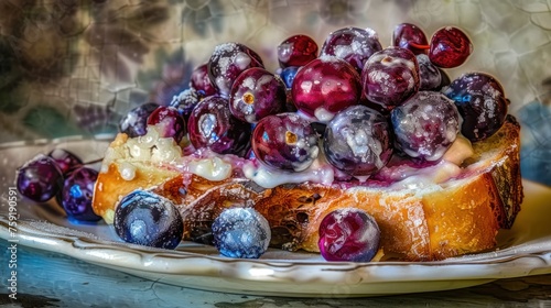 a close up of a cake on a plate with blueberries and other fruit toppings on top of it. photo