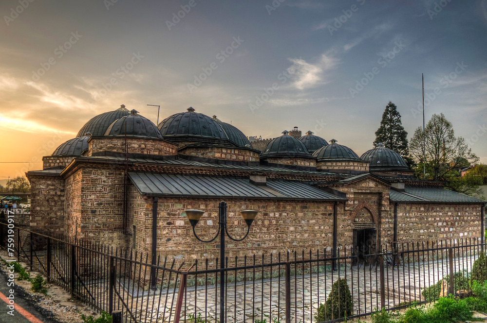 Panoramic view od Daut Pasha Hammam, old Ottoman Turkish bath structure, today used as an art gallery in Skopje, Macedonia. - obrazy, fototapety, plakaty 