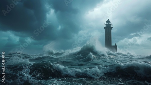 A lighthouse in the middle of a stormy ocean with waves crashing around it, AI