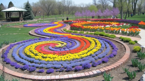 a garden filled with lots of flowers on top of a lush green field next to a park filled with lots of trees. photo