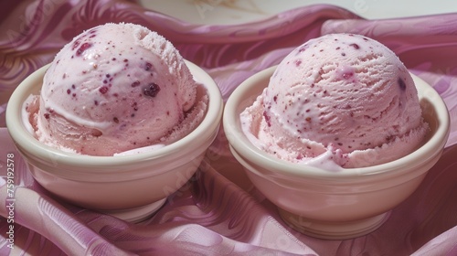 two bowls of ice cream sitting on a pink table cloth with a pink and white design on the top of the bowl. photo