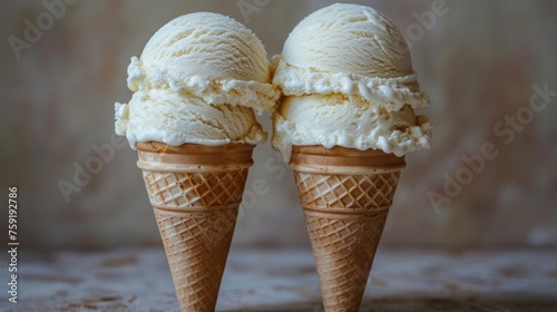two scoops of ice cream sitting on top of each other in a cone on a table with a wall in the background. photo