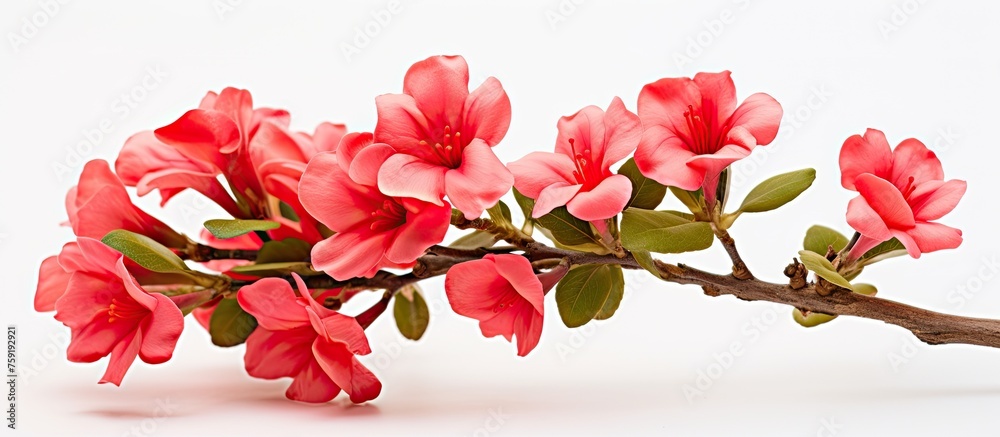A vibrant branch of magenta flowers with green leaves, set against a crisp white background, showcasing the beauty of nature and creative arts in a natural landscape