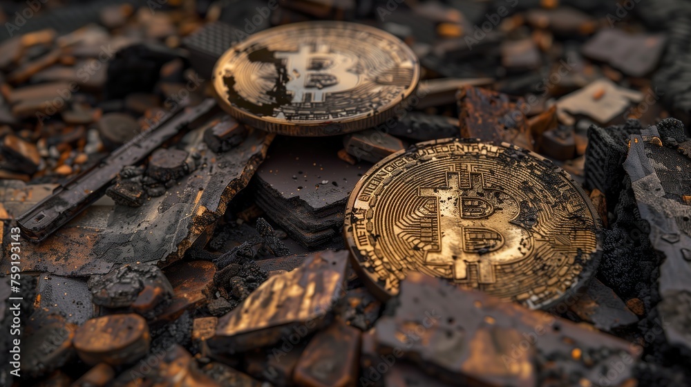 Destroyed Bitcoin Coin Currency. Bitcoin forgotten. Destroyed Bitcoin Coin Currency. Bitcoin forgotten.