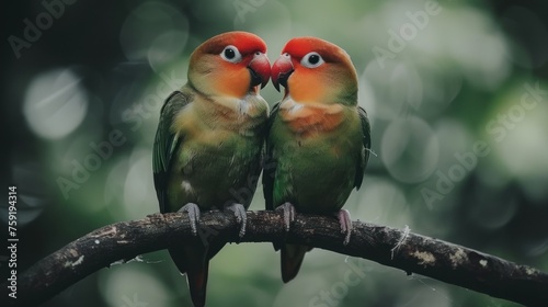 two parrots sitting on a branch with their beaks touching each other's eyes and looking into each other's eyes. photo