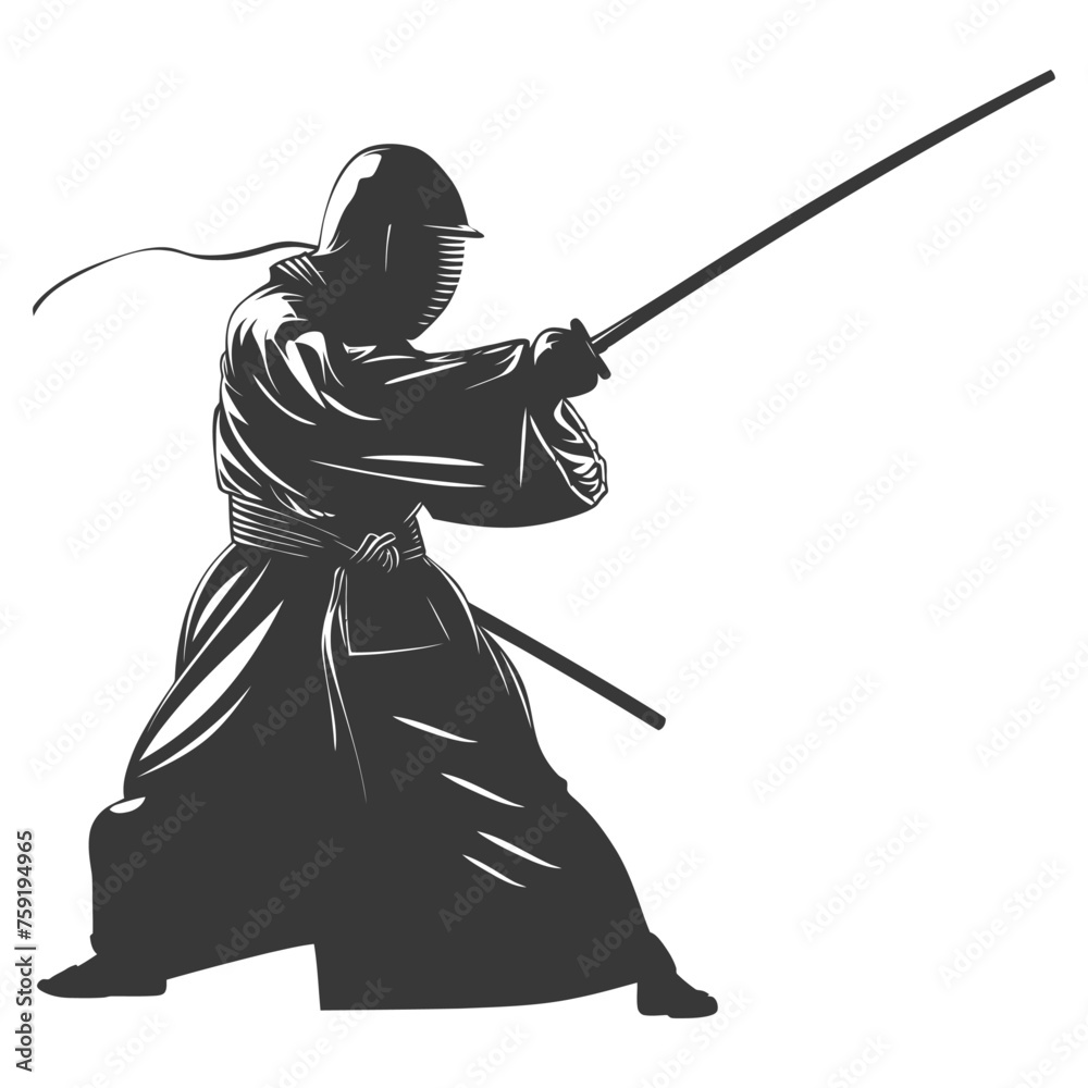 Silhouette single kendo athletes in action black color only Silhouette single kendo athletes in action black color only