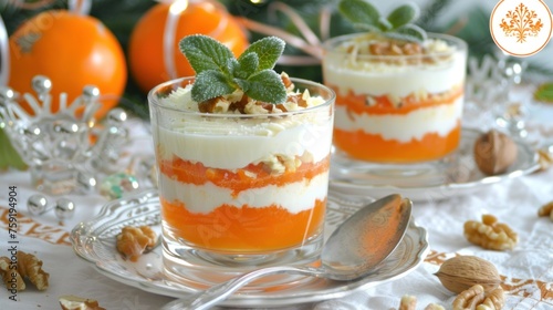 a close up of a dessert in a glass on a table with nuts and a spoon on a table cloth. photo