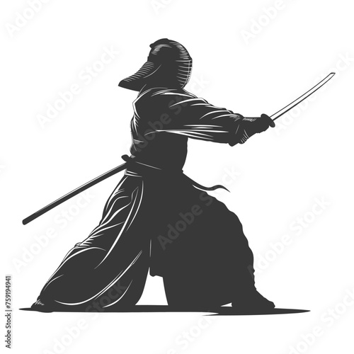 Silhouette single kendo athletes in action black color only