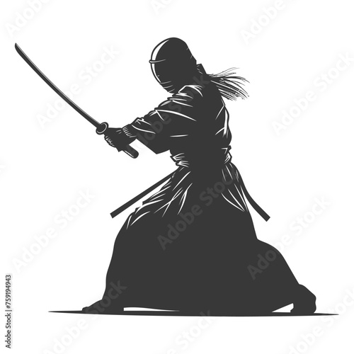 Silhouette single kendo athletes in action black color only