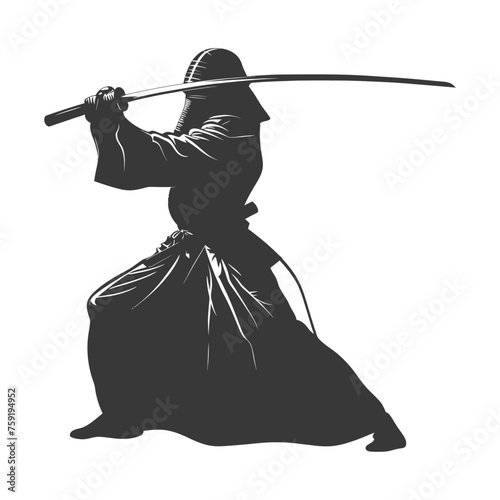 Silhouette single kendo athletes in action black color only