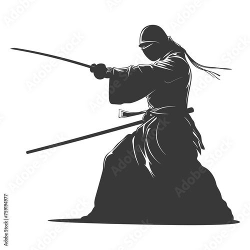 Silhouette single kendo athletes in action black color only