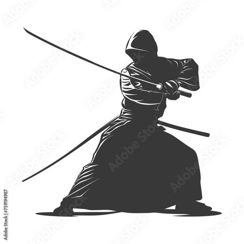 Silhouette single kendo athletes in action black color only