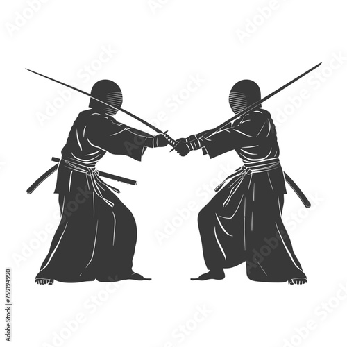 Silhouette single kendo athletes in action black color only