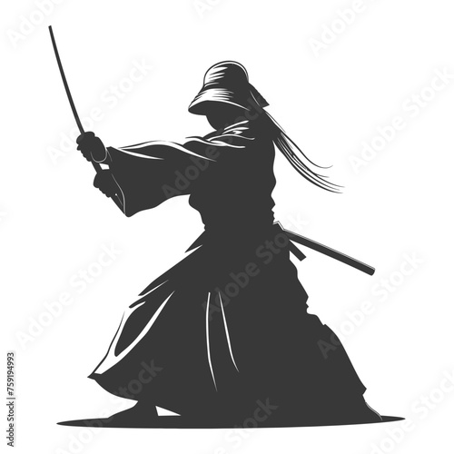 Silhouette single kendo athletes in action black color only