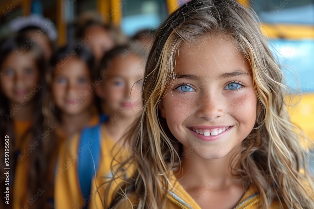 a group of young girls are riding on a school bus a group of young girls are riding on a school bus