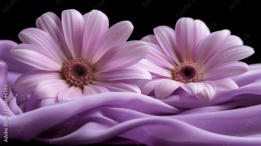 Obraz premium a group of pink flowers sitting on top of a bed of purple fabric on top of a black tablecloth.