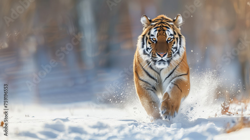 Tiger in wild winter nature. Amur tiger running in the snow. Action wildlife scene with danger animal. 