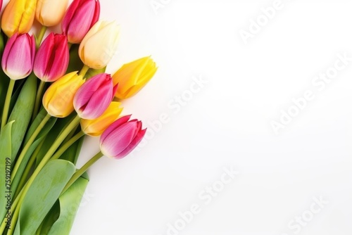 Vibrant tulip bouquet on white background with copy space